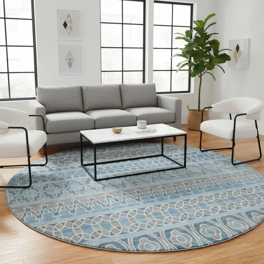 8' Sky Blue Gray And Ivory Ikat Washable Round Rug With UV Protection Photo 2