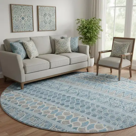 8' Sky Blue Gray And Ivory Ikat Washable Round Rug With UV Protection Photo 1