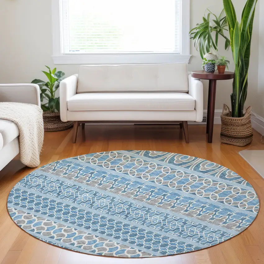 8' Sky Blue Gray And Ivory Ikat Washable Round Rug With UV Protection Photo 5
