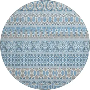 Photo of 8' Sky Blue Gray And Ivory Ikat Washable Round Rug With UV Protection