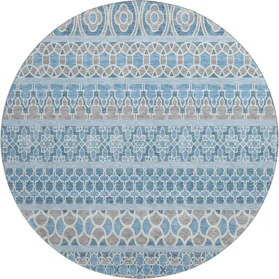 8' Sky Blue Gray And Ivory Ikat Washable Round Rug With UV Protection Photo 1