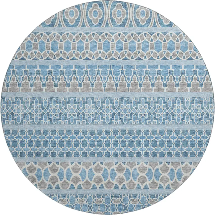 8' Sky Blue Gray And Ivory Ikat Washable Round Rug With UV Protection Photo 1