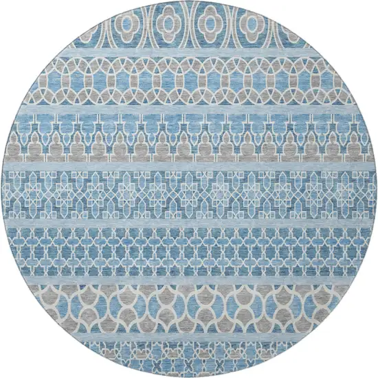 8' Sky Blue Gray And Ivory Ikat Washable Round Rug With UV Protection Photo 4