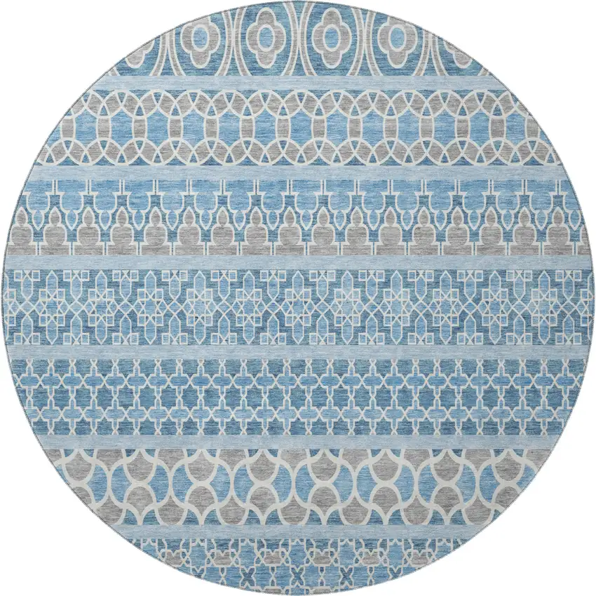 8' Sky Blue Gray And Ivory Ikat Washable Round Rug With UV Protection Photo 4