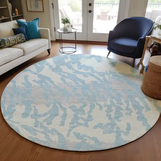 8' Sky Blue Gray And Ivory Round Animal Print Washable Indoor Outdoor Area Rug Photo 7