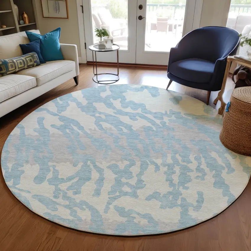 8' Sky Blue Gray And Ivory Round Animal Print Washable Indoor Outdoor Area Rug Photo 7