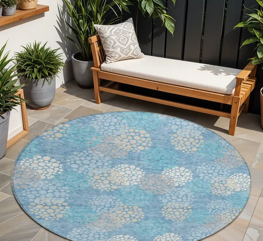 8' Sky Blue Gray And Ivory Round Polka Dot Washable Indoor Outdoor Area Rug Photo 1