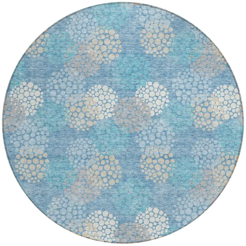 8' Sky Blue Gray And Ivory Round Polka Dot Washable Indoor Outdoor Area Rug Photo 6