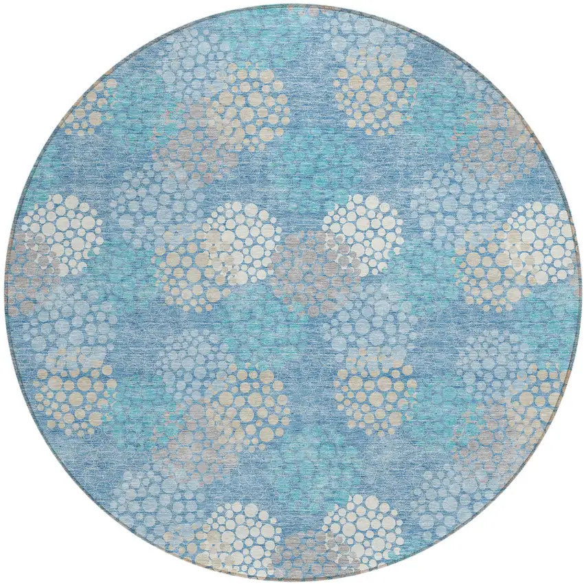 8' Sky Blue Gray And Ivory Round Polka Dot Washable Indoor Outdoor Area Rug Photo 2