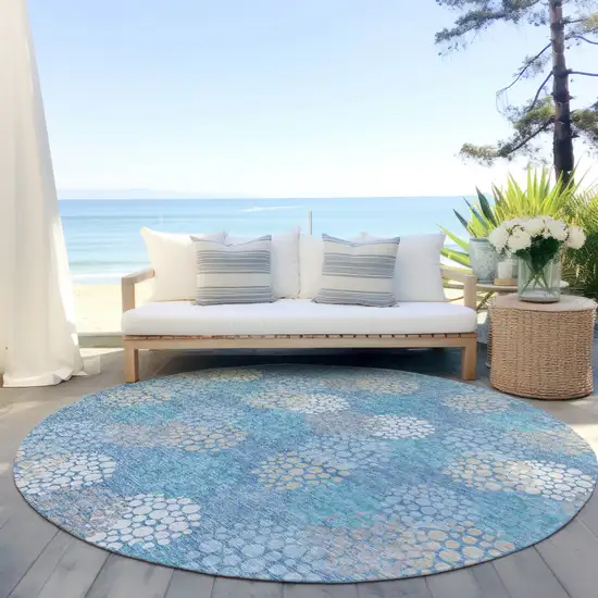 8' Sky Blue Gray And Ivory Round Polka Dot Washable Indoor Outdoor Area Rug Photo 7