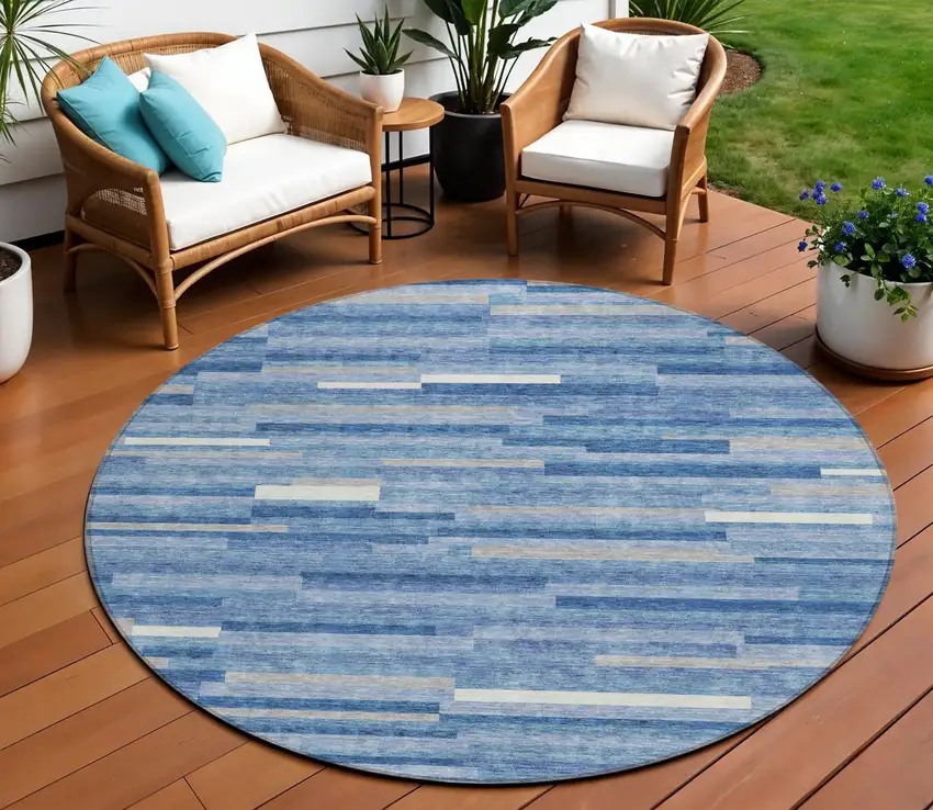8' Sky Blue Gray And Ivory Round Striped Washable Indoor Outdoor Area Rug Photo 1