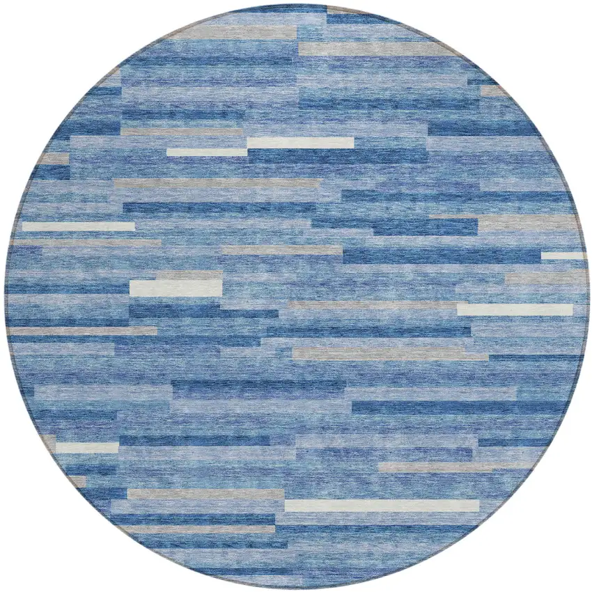 8' Sky Blue Gray And Ivory Round Striped Washable Indoor Outdoor Area Rug Photo 2