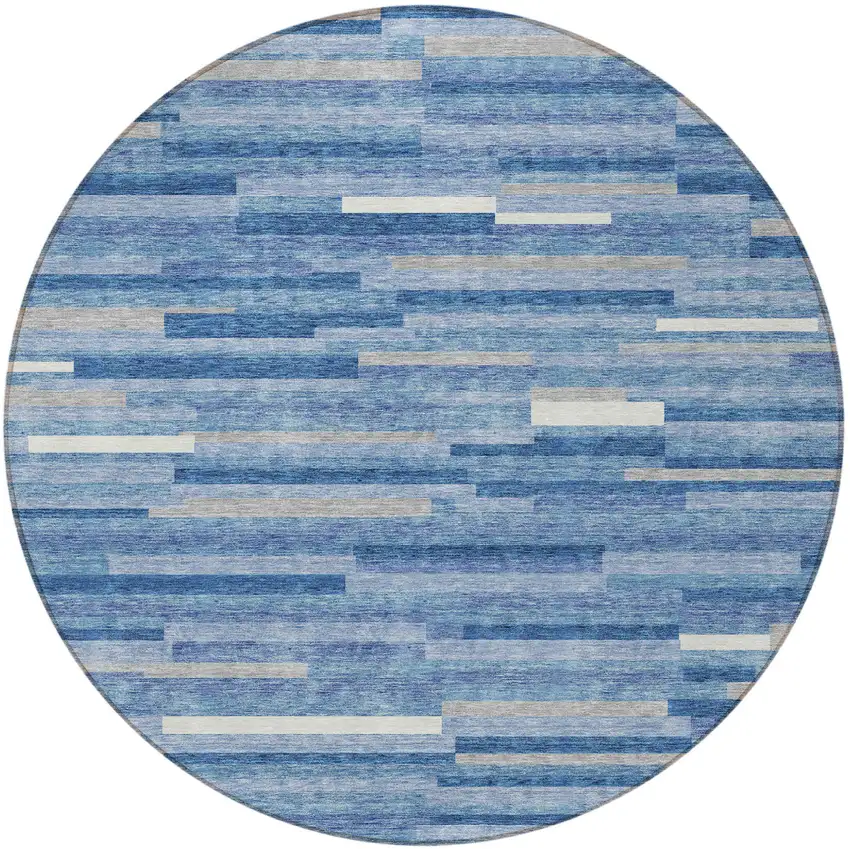 8' Sky Blue Gray And Ivory Round Striped Washable Indoor Outdoor Area Rug Photo 5