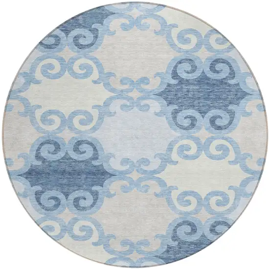 8' Sky Blue Gray And Ivory Round Trellis Washable Indoor Outdoor Area Rug Photo 2