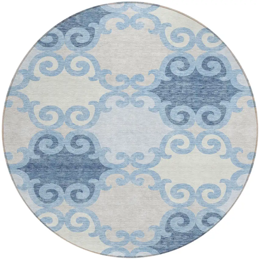 8' Sky Blue Gray And Ivory Round Trellis Washable Indoor Outdoor Area Rug Photo 2