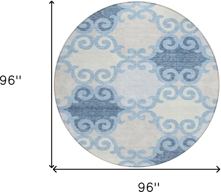 8' Sky Blue Gray And Ivory Round Trellis Washable Indoor Outdoor Area Rug Photo 5