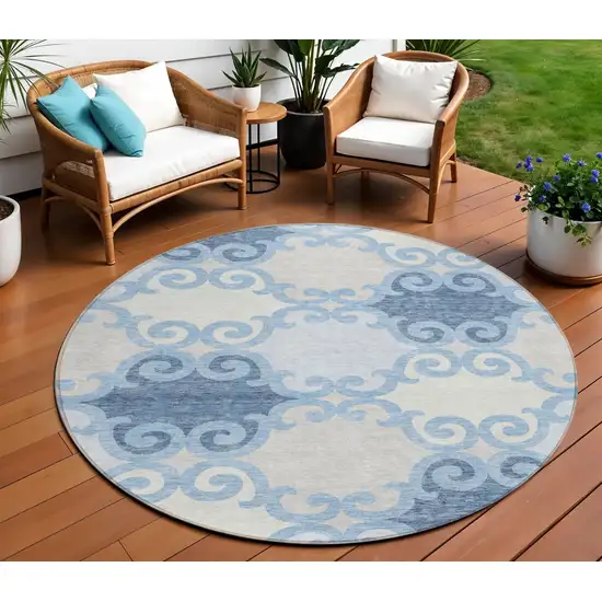 8' Sky Blue Gray And Ivory Round Trellis Washable Indoor Outdoor Area Rug Photo 1