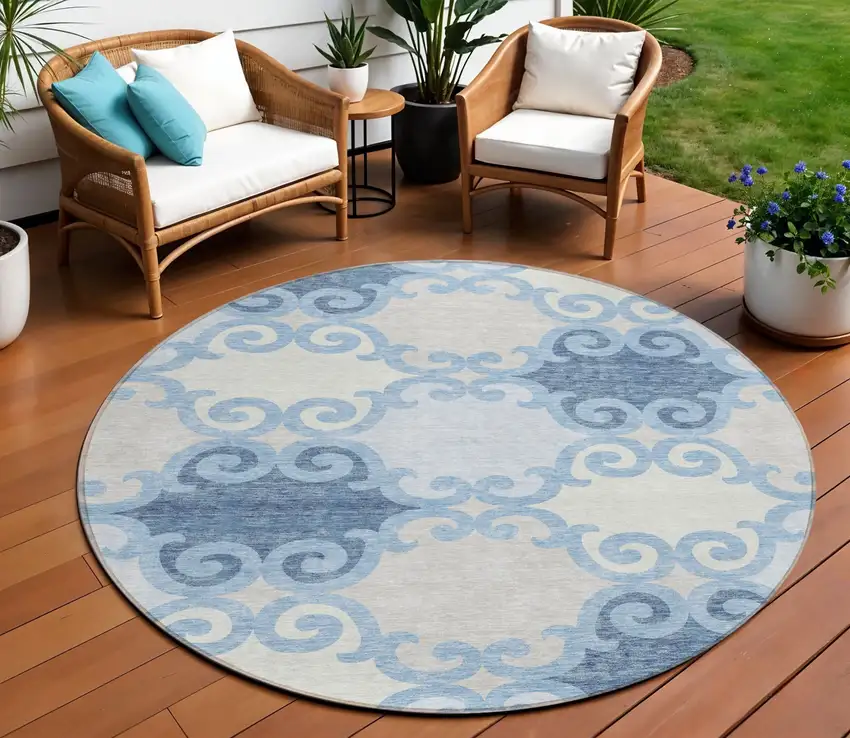 8' Sky Blue Gray And Ivory Round Trellis Washable Indoor Outdoor Area Rug Photo 1