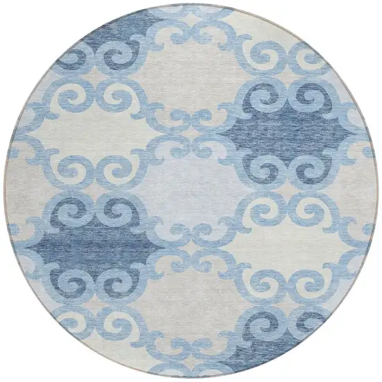 8' Sky Blue Gray And Ivory Round Trellis Washable Indoor Outdoor Area Rug Photo 5