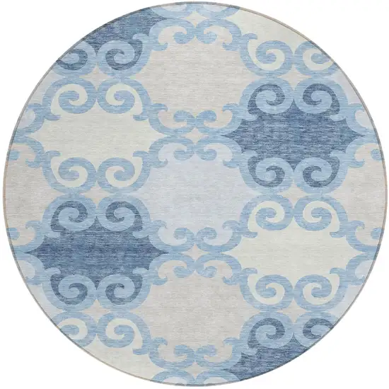 8' Sky Blue Gray And Ivory Round Trellis Washable Indoor Outdoor Area Rug Photo 2