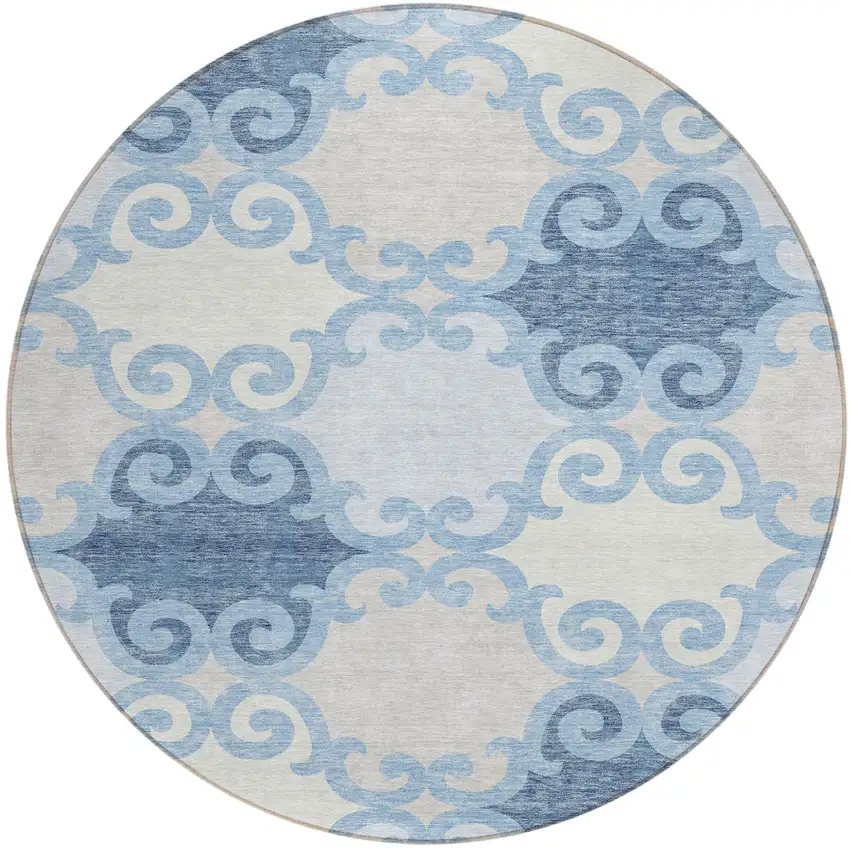 8' Sky Blue Gray And Ivory Round Trellis Washable Indoor Outdoor Area Rug Photo 2