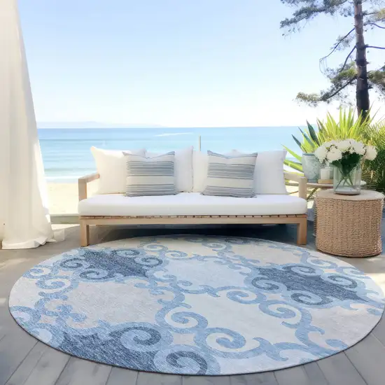 8' Sky Blue Gray And Ivory Round Trellis Washable Indoor Outdoor Area Rug Photo 6