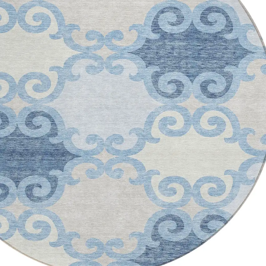 8' Sky Blue Gray And Ivory Round Trellis Washable Indoor Outdoor Area Rug Photo 3