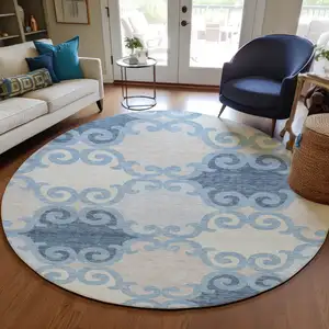Photo of 8' Sky Blue Gray And Ivory Round Trellis Washable Indoor Outdoor Area Rug