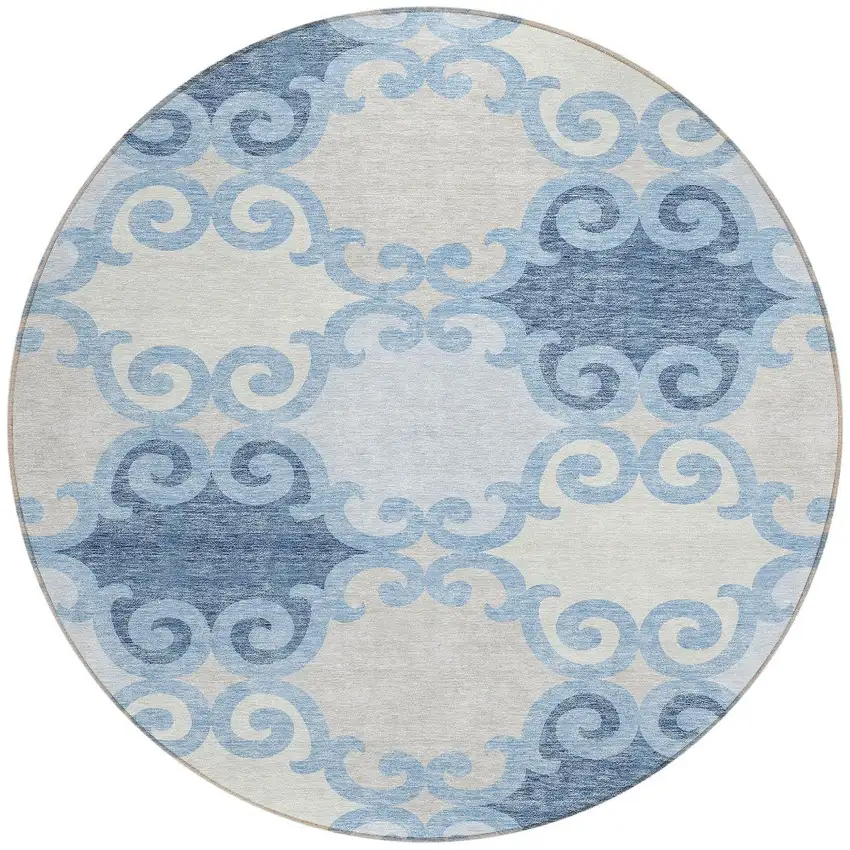 8' Sky Blue Gray And Ivory Round Trellis Washable Indoor Outdoor Area Rug Photo 4