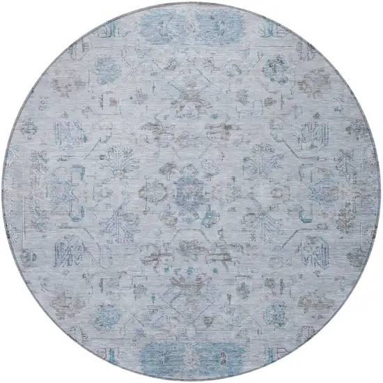 8' Sky Blue Gray And Ivory Round Tribal Washable Indoor Outdoor Area Rug Photo 5