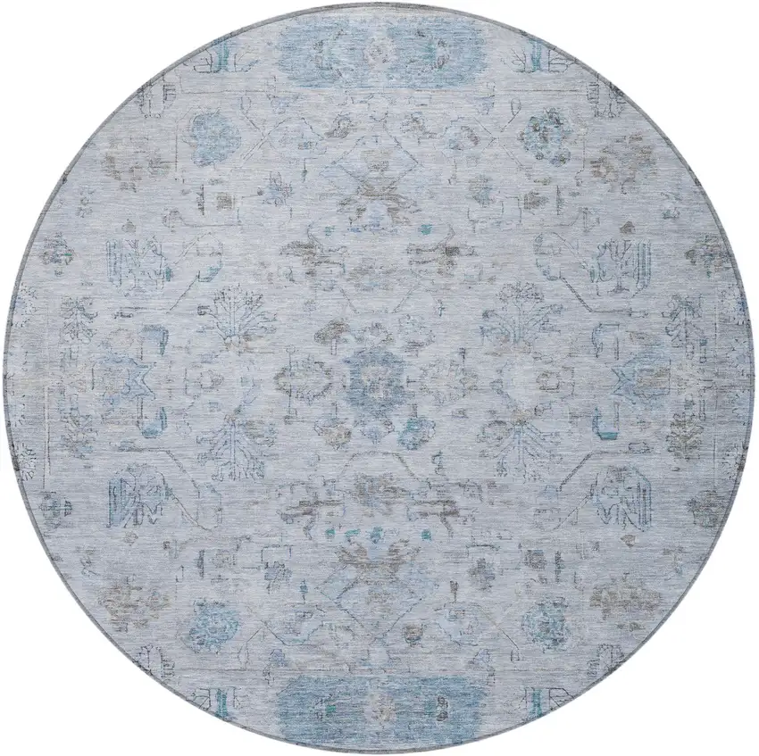 8' Sky Blue Gray And Ivory Round Tribal Washable Indoor Outdoor Area Rug Photo 5