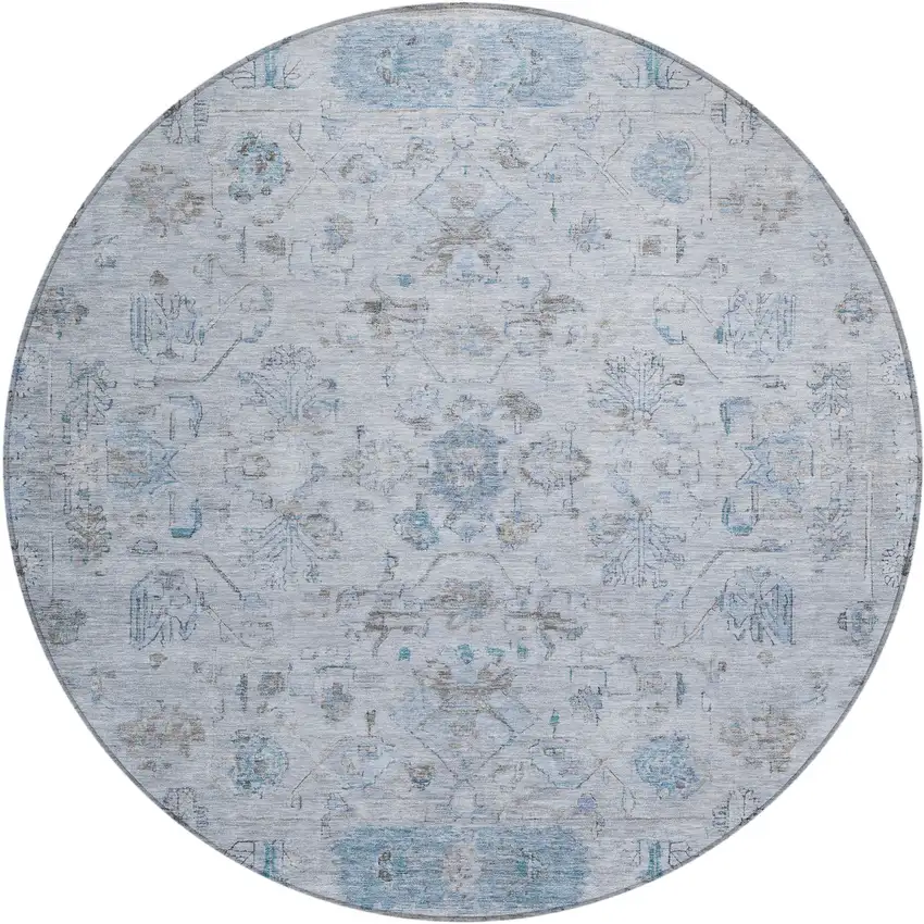 8' Sky Blue Gray And Ivory Round Tribal Washable Indoor Outdoor Area Rug Photo 2