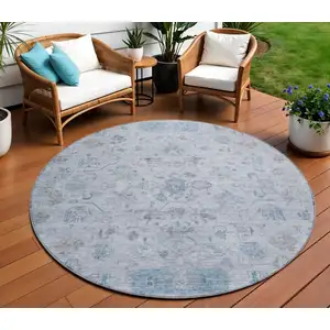 Photo of 8' Sky Blue Gray And Ivory Round Tribal Washable Indoor Outdoor Area Rug