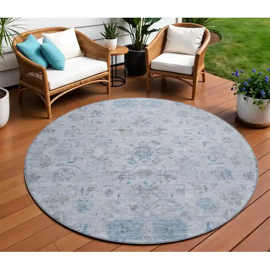 8' Sky Blue Gray And Ivory Round Tribal Washable Indoor Outdoor Area Rug Photo 1