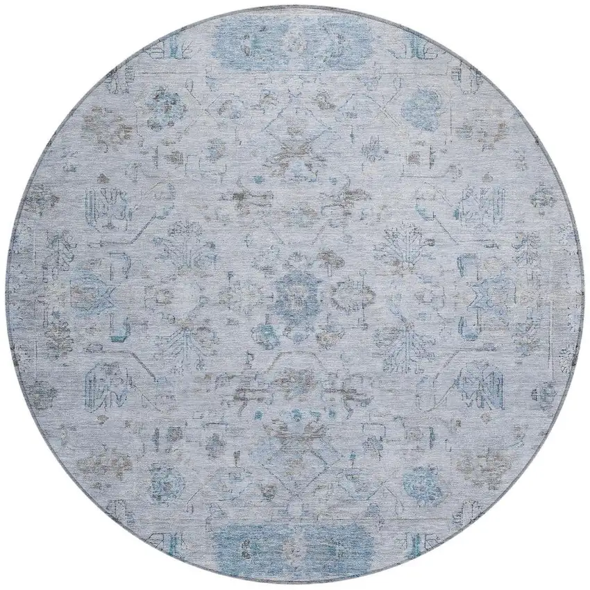 8' Sky Blue Gray And Ivory Round Tribal Washable Indoor Outdoor Area Rug Photo 4