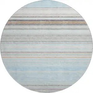 Photo of 8' Sky Blue Gray And Ivory Striped Washable Round Rug With UV Protection