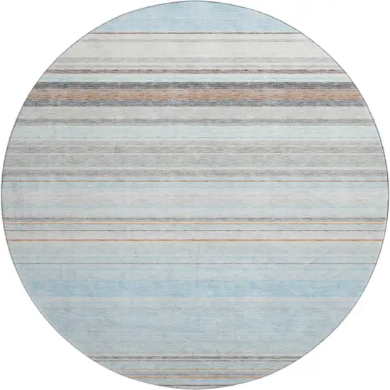 8' Sky Blue Gray And Ivory Striped Washable Round Rug With UV Protection Photo 1