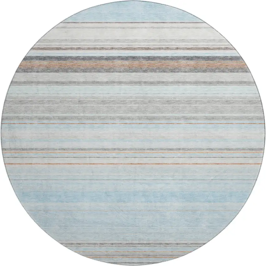 8' Sky Blue Gray And Ivory Striped Washable Round Rug With UV Protection Photo 1