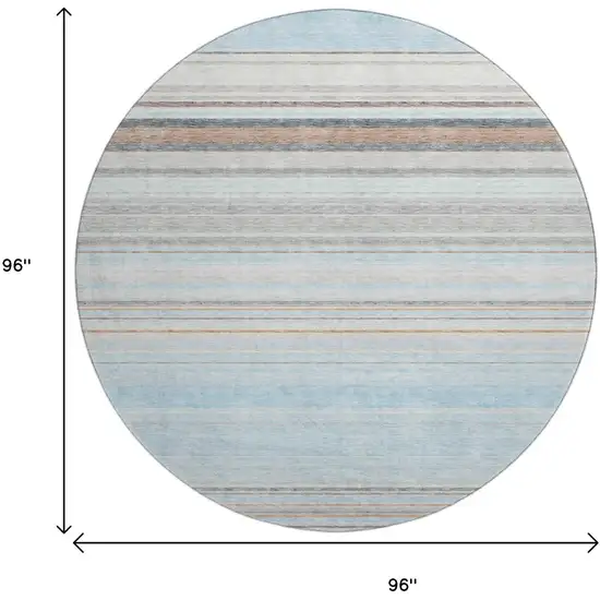 8' Sky Blue Gray And Ivory Striped Washable Round Rug With UV Protection Photo 9