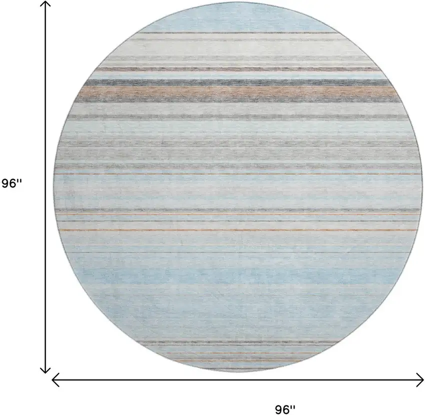 8' Sky Blue Gray And Ivory Striped Washable Round Rug With UV Protection Photo 9