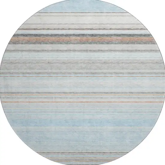 8' Sky Blue Gray And Ivory Striped Washable Round Rug With UV Protection Photo 2