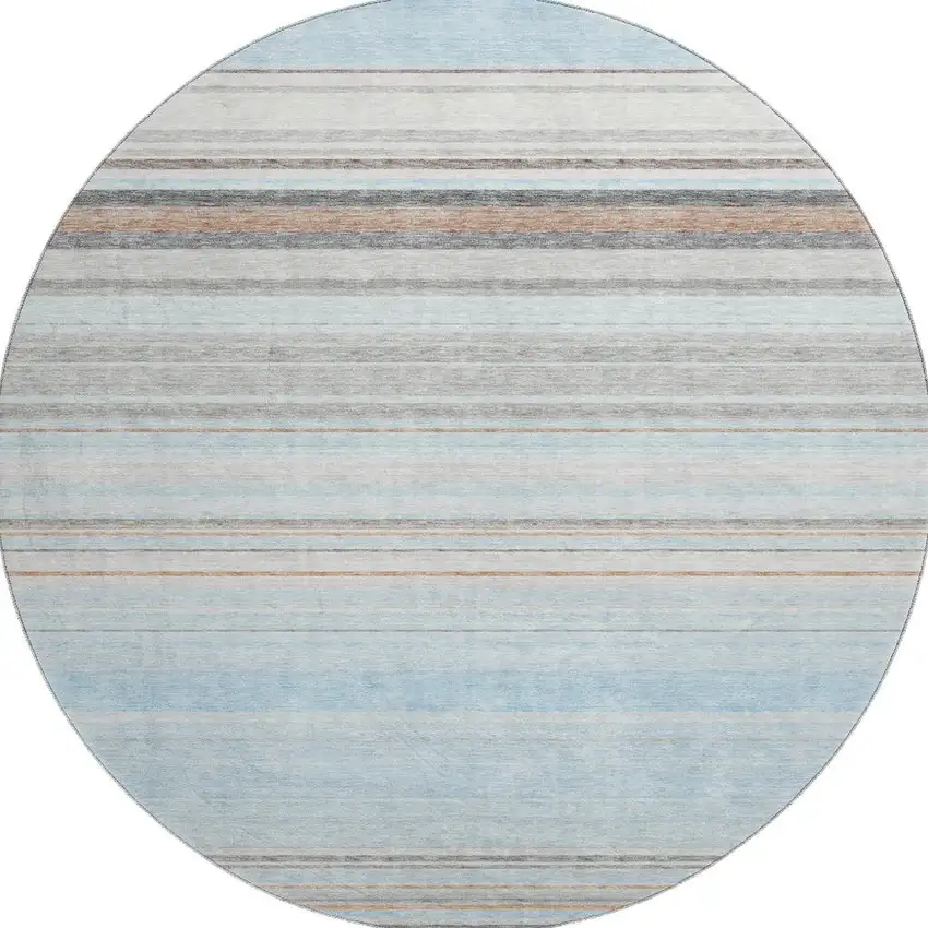 8' Sky Blue Gray And Ivory Striped Washable Round Rug With UV Protection Photo 2