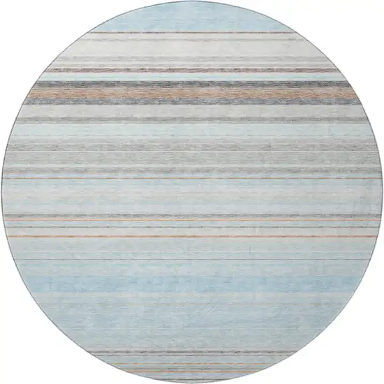 8' Sky Blue Gray And Ivory Striped Washable Round Rug With UV Protection Photo 3
