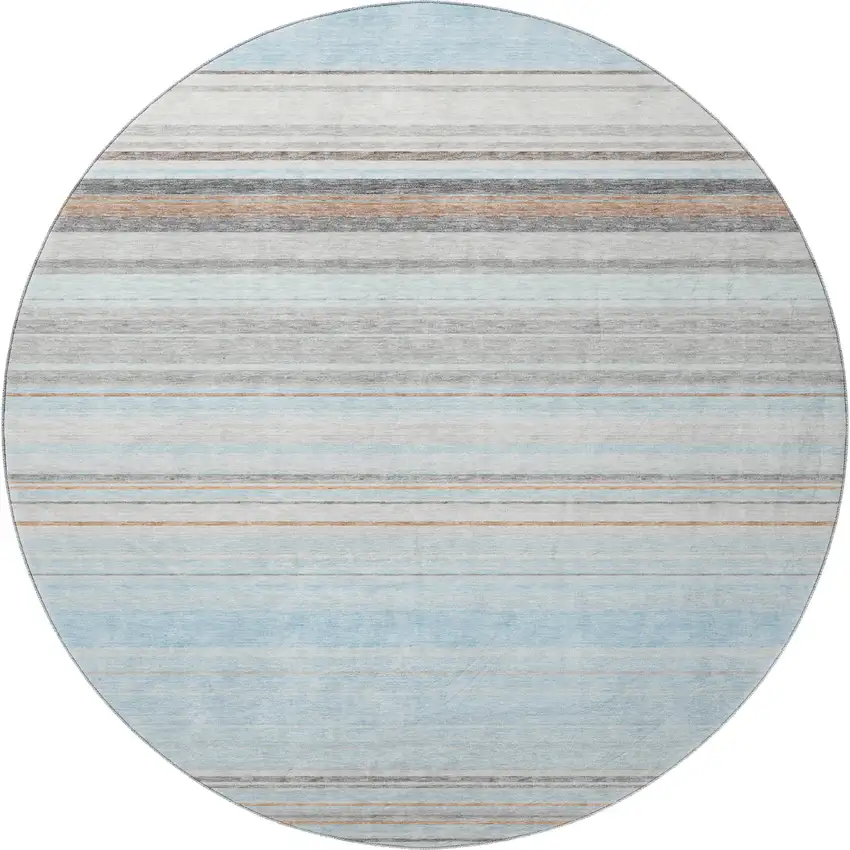 8' Sky Blue Gray And Ivory Striped Washable Round Rug With UV Protection Photo 3