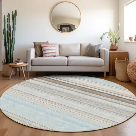 8' Sky Blue Gray And Ivory Striped Washable Round Rug With UV Protection Photo 4