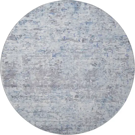 8' Sky Blue Gray And Silver Abstract Washable Round Rug With UV Protection Photo 2