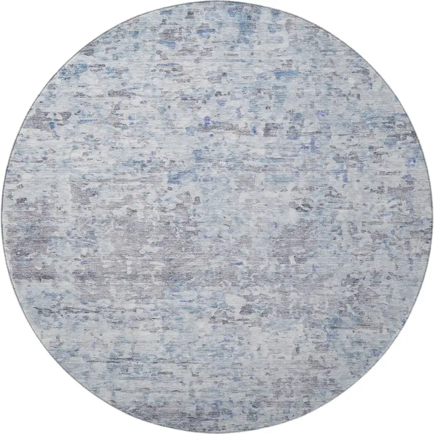8' Sky Blue Gray And Silver Abstract Washable Round Rug With UV Protection Photo 2