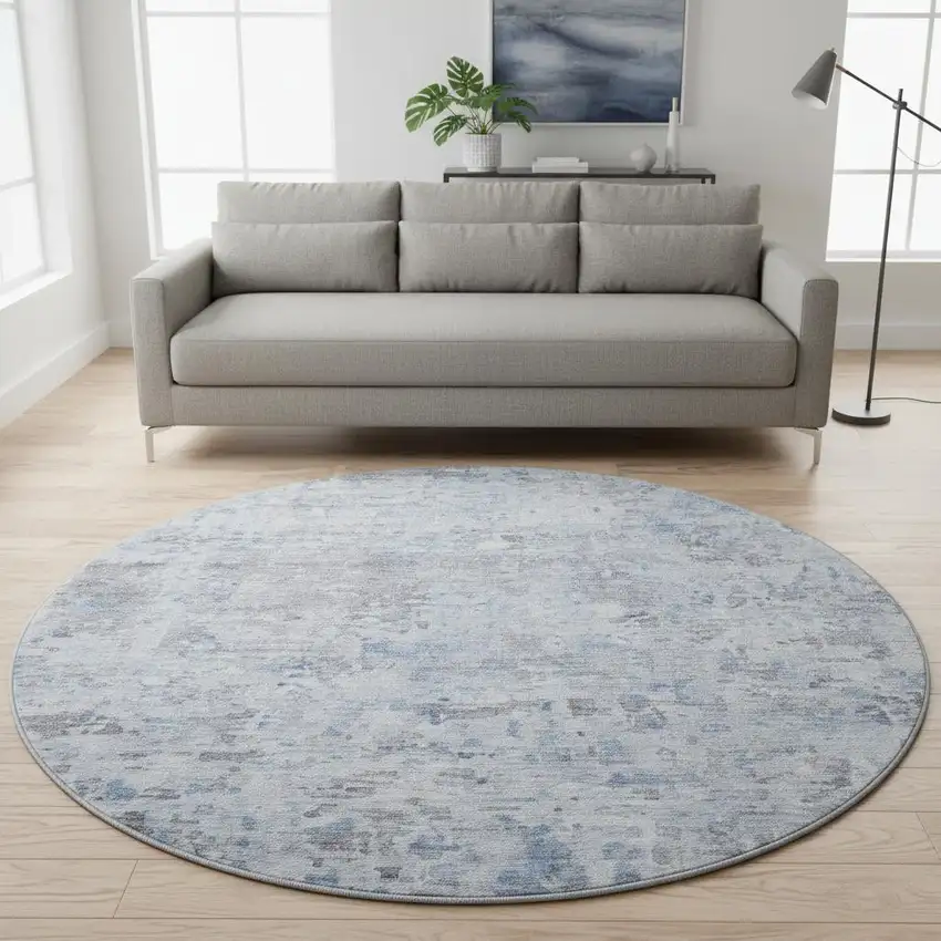 8' Sky Blue Gray And Silver Abstract Washable Round Rug With UV Protection Photo 2