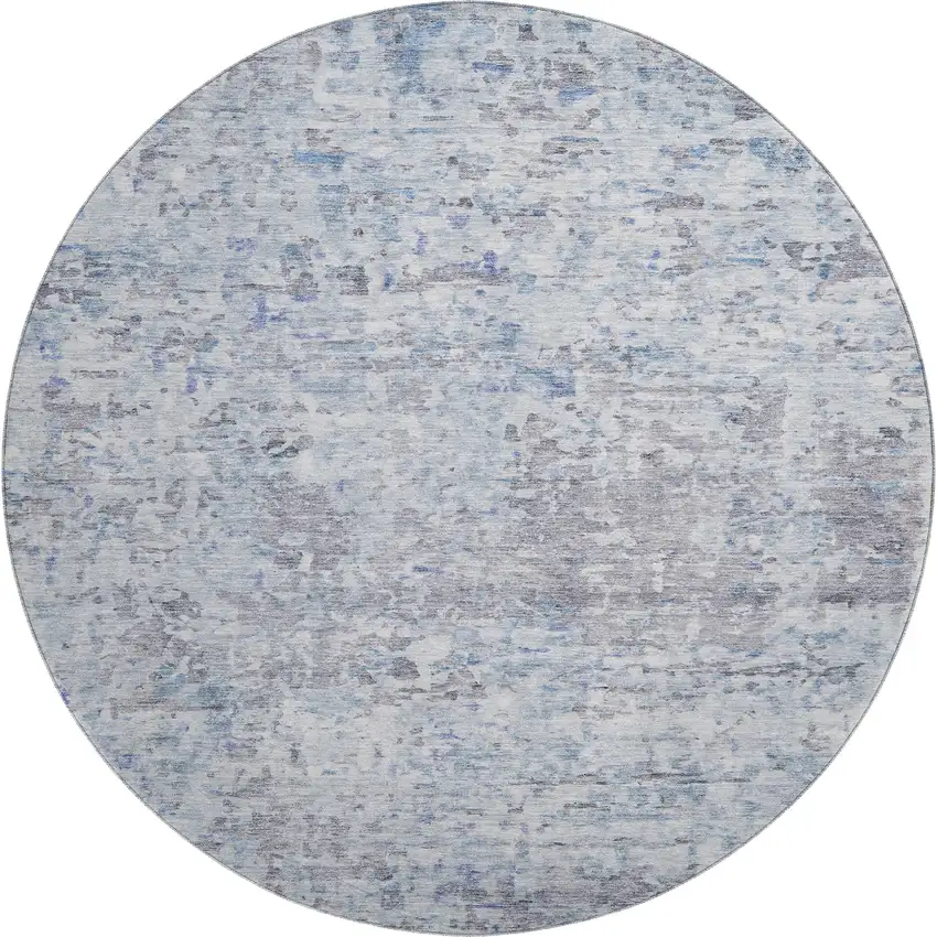 8' Sky Blue Gray And Silver Abstract Washable Round Rug With UV Protection Photo 1