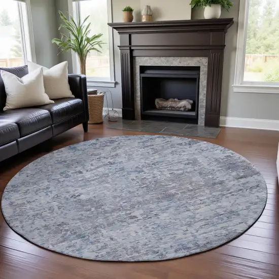 8' Sky Blue Gray And Silver Abstract Washable Round Rug With UV Protection Photo 3